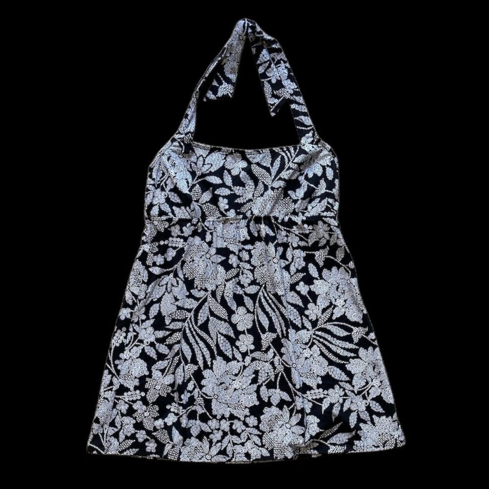 Lands' End Black & White Print Square Neck Halter A-Line Swim Dress 12 Swim Top - Picture 5 of 15